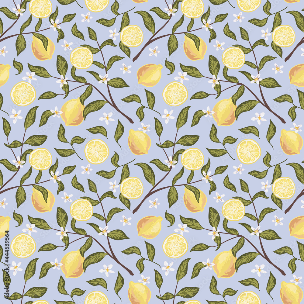 Beautiful seamless pattern with lemon, flowers and branch. Colorful hand drawn vector illustration. Texture for print, fabric, textile, wallpaper. Beautiful seamless pattern with lemon, flowers and branch. Colorful hand drawn vector illustration. Texture for print, fabric, textile, wallpaper.