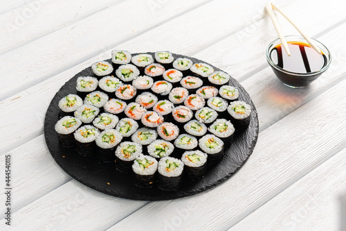 Sushi rolls. Tasty set of sushi close up shot
