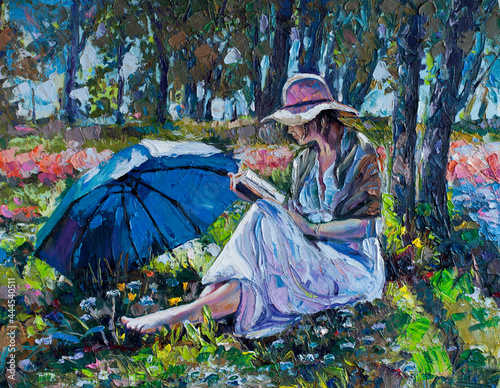 Young woman reading book sitting in the park outdoor painting original art oil on canvas