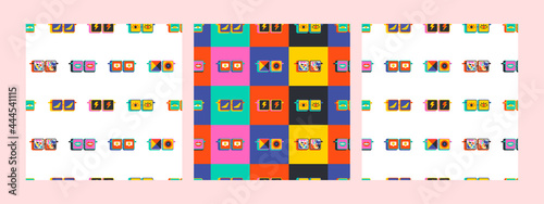 Cute of sunglasses. Set of three Hand drawn vector Seamless Patterns. Background, Wallpaper. Vector illustrations.
