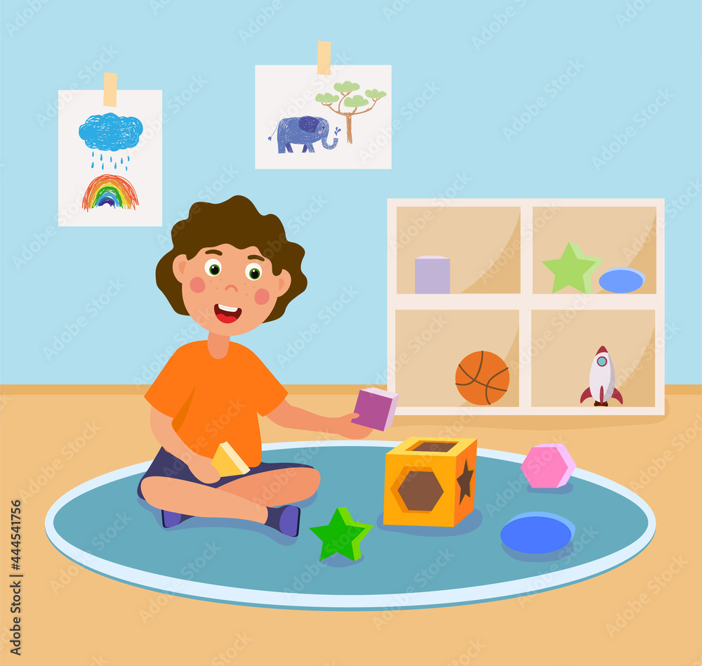 Happy little kid is learning 3D geometry by playing with toys. Concept of educational toys for children. Boy is playing and learning in kindergarten. Flat cartoon vector illustration