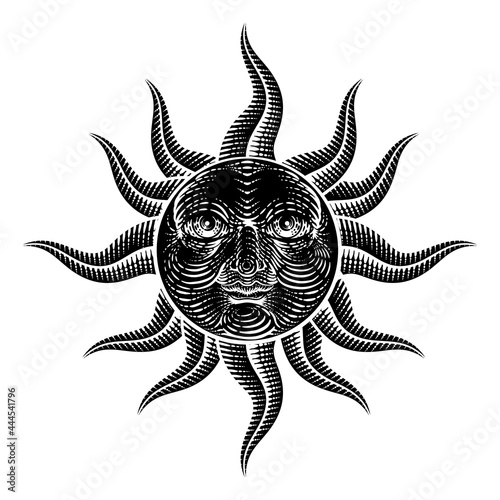 Sun Face Woodcut Drawing Retro Vintage Engraving