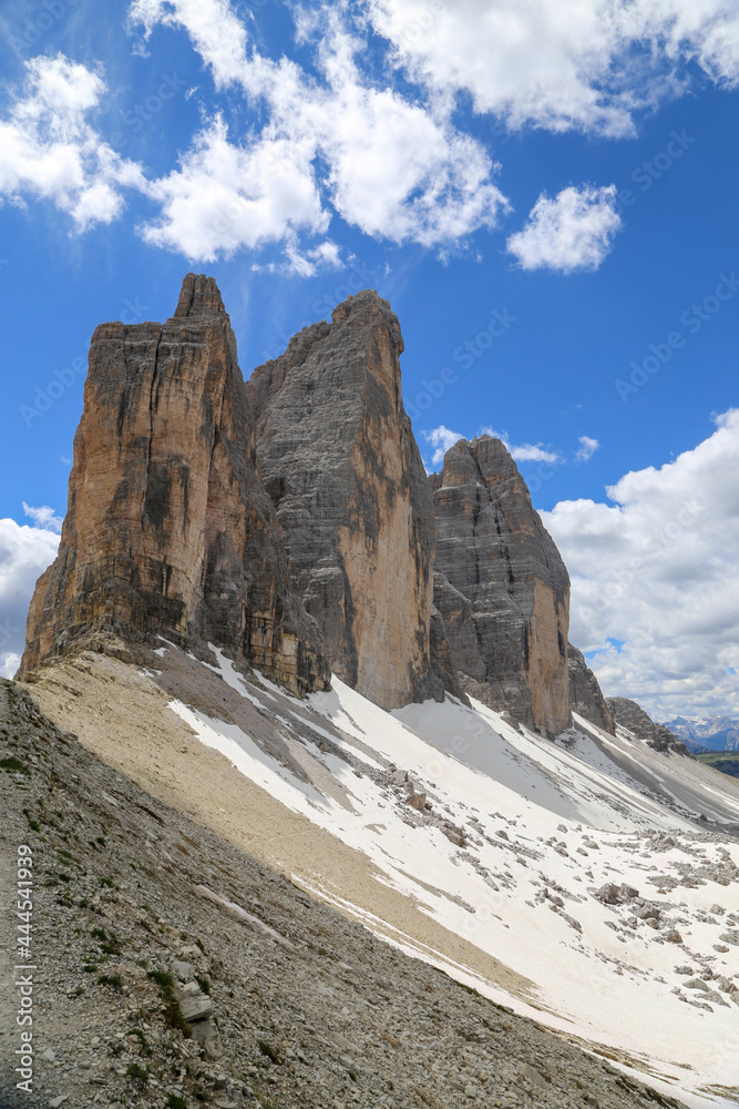 Tre Cime die Lavaredo rock formation in the Dolomites, Italy