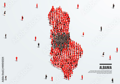 Albania Map and Flag. A large group of people in the Albanian flag color form to create the map. Vector Illustration.
