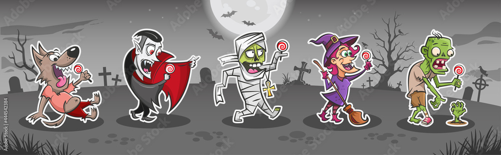Halloween cartoon monsters stickers set. Funny drawings of happy werewolf, vampire Dracula, mummy, witch and zombie holding lollipops in hands. Vector illustrations for festive decorations