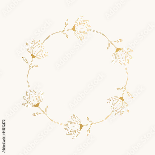 Floral wreath with golden magnolia flowers. Decorative flower frame. Vector isolated illustration.
