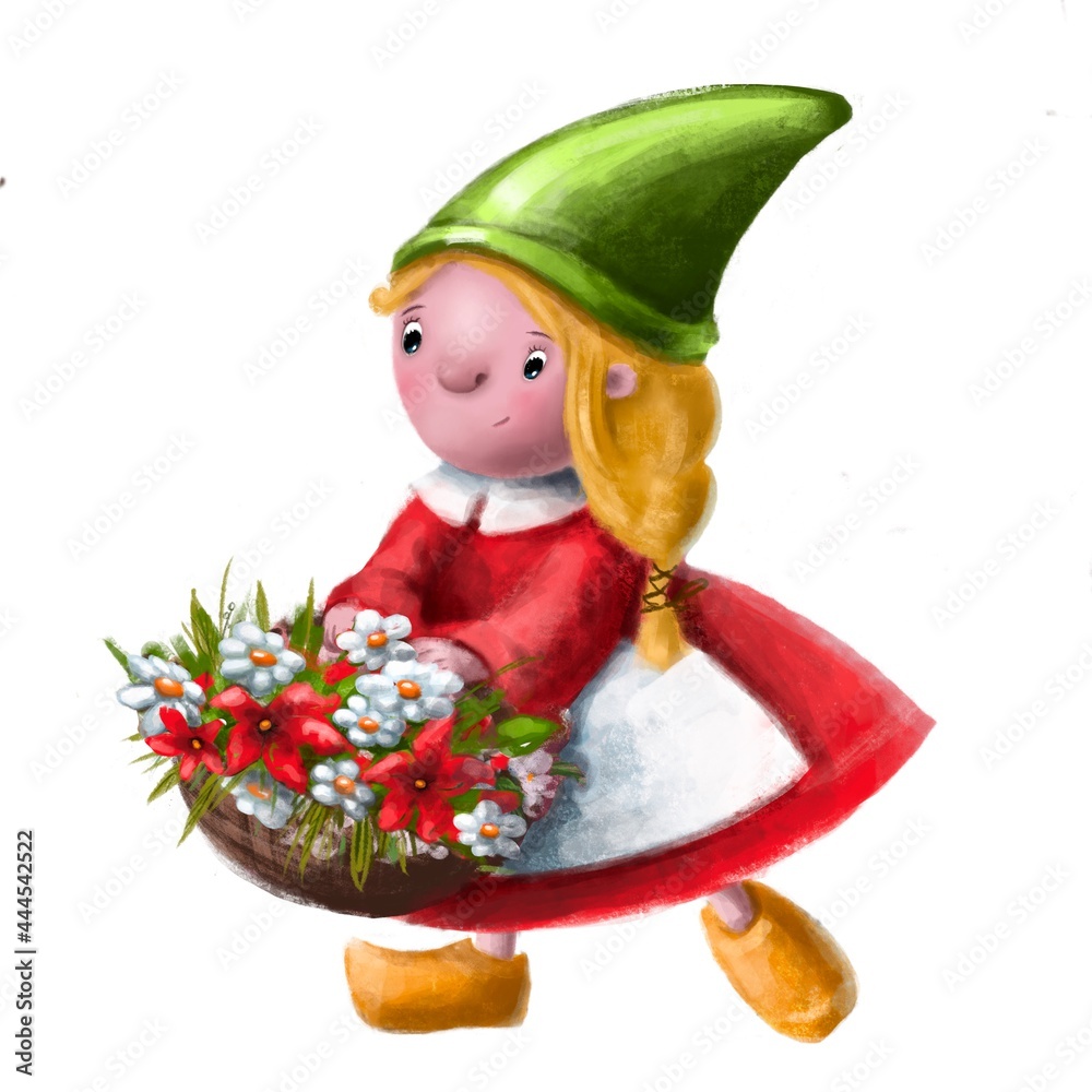 Naklejka premium cute little gnome girl with flowers hand drawn illustration, watercolor pencils clipart with cartoon character