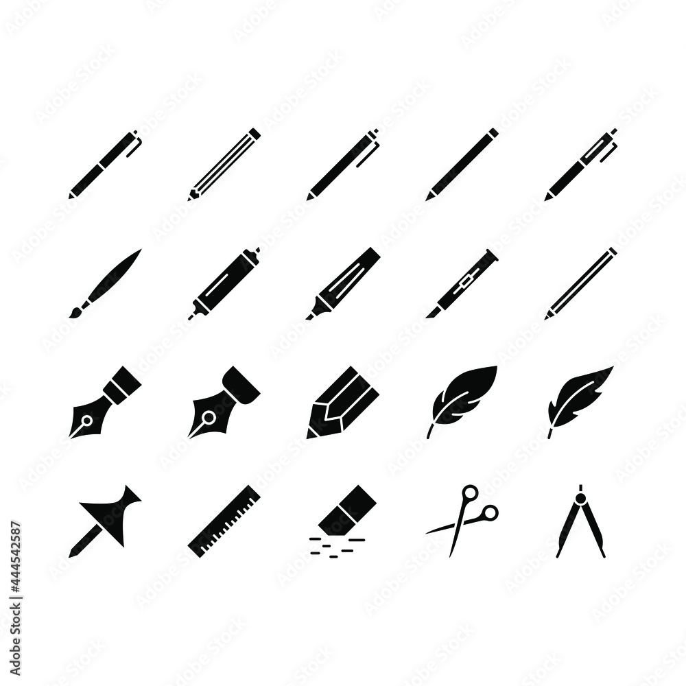 Drawing and Writing tools flat line icons set. Stationery tools - Pen, pencil, ruler, button. Simple flat vector illustration web site or mobile app Drawing and Writing tools flat line icons set. Stationery tools - Pen, pencil, ruler, button. Simple flat vector illustration web site or mobile app
