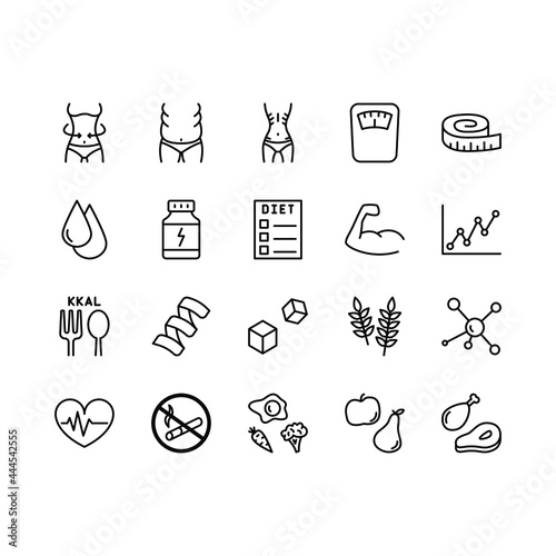Healthy Lifestyle flat line icons set. Diet food, Fitness, sports supplements. Simple flat vector illustration for store, web site or mobile app
