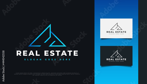 Modern and Futuristic Real Estate Logo Design in Blue Gradient with Line Style. Construction, Architecture or Building Logo Design