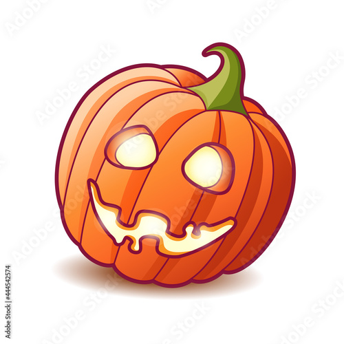 Scary pumpkin jack lantern with creepy toothy smile and fiery glow inside. Traditional decoration for Halloween. Symbol of halloween holiday celebration