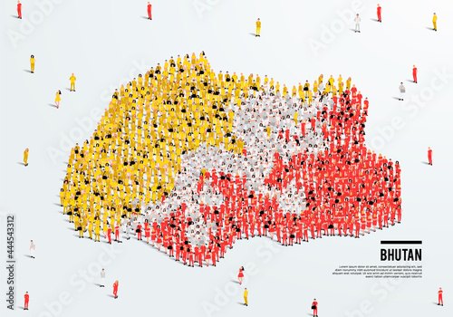 Bhutan Map and Flag. A large group of people in the Bhutan flag color form to create the map. Vector Illustration.