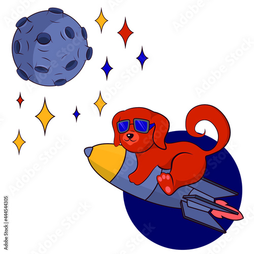 brown dog flying astride a rocket towards the moon. Vector illustration.
