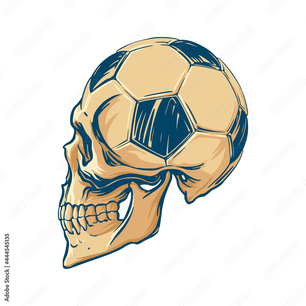 Drawing of a human skull combined with a soccer ball in vintage style ...