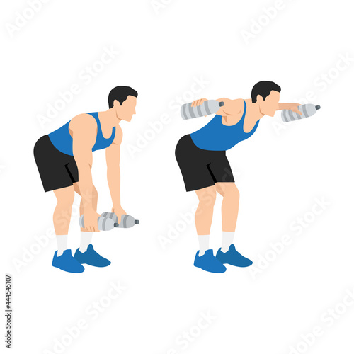 Man doing Bent over water bottle flyes exercise. Flat vector illustration isolated on white background