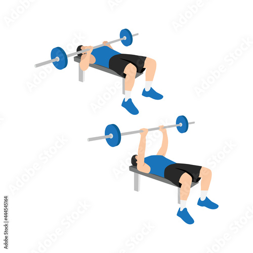 Man doing Close grip overhand barbell bench press exercise. Flat vector illustration isolated on white background