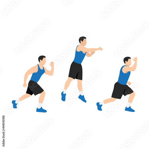 Man doing Explosive jumping alternating lunges exercise. Flat vector illustration isolated on white background