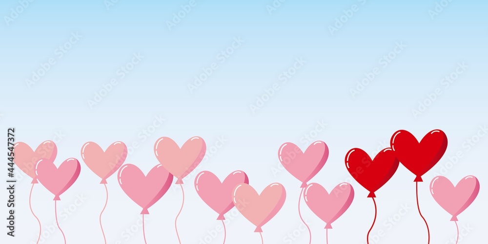 Red and pink heart balloons  on blue sky background. balloons illustration, Heart symbols, love, Valentine, birthday, party decoration. vector illustration.