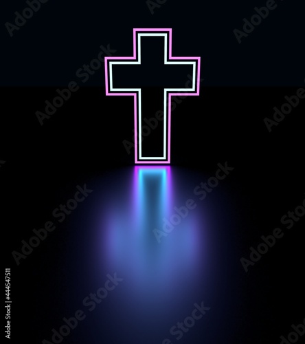 Neon shine thin line christianity cross with reflection