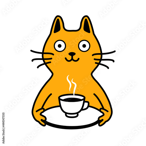 Cute smiling yellow cat serves you coffee or tea on a tray. Coffee in bed. Simple animalistic flat illustration isolated on white background. Can be used in design of cafes, tea and coffee products. 