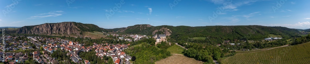 Panorama from a bird's eye view of Ebernburg Castle and the Rotenfels near Bad Münster am Stein / Germany
