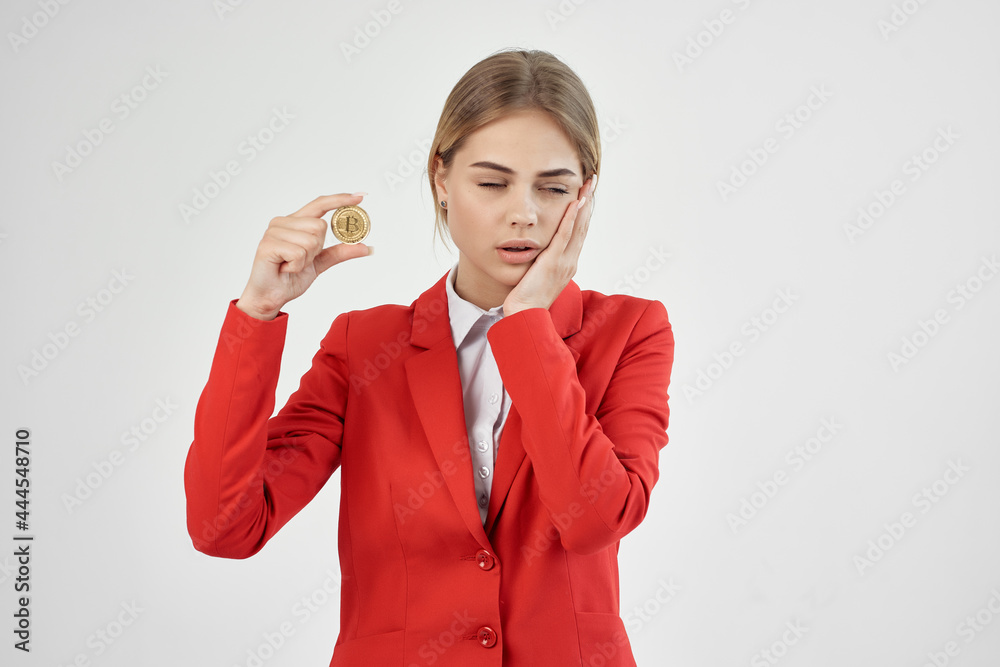 Business woman in red jacket cryptocurrency electronic financial technology investment Business woman in red jacket cryptocurrency electronic financial technology investment