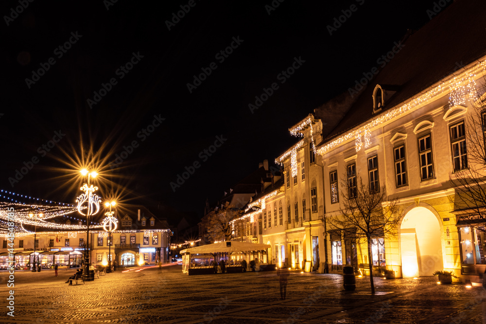 view of the Big Square from Sibiu city with Christmas lights