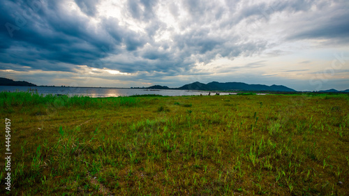 The panoramic natural background of the atmosphere at the natural reservoir scenic area at various tourist attractions  allowing tourists to stop and take pictures during the trip.