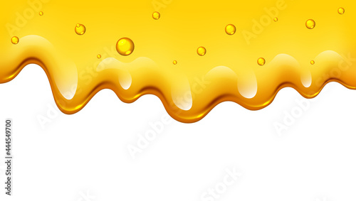 Realistic golden dripping honey border on white background, vector illustration
