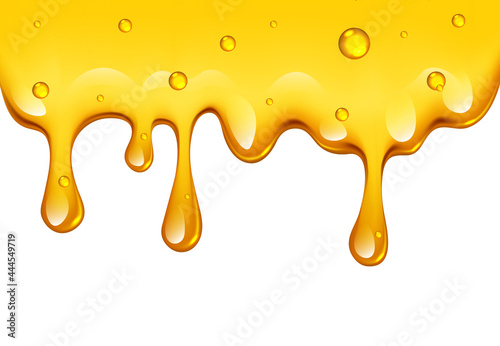 Realistic golden dripping honey border on white background, vector illustration