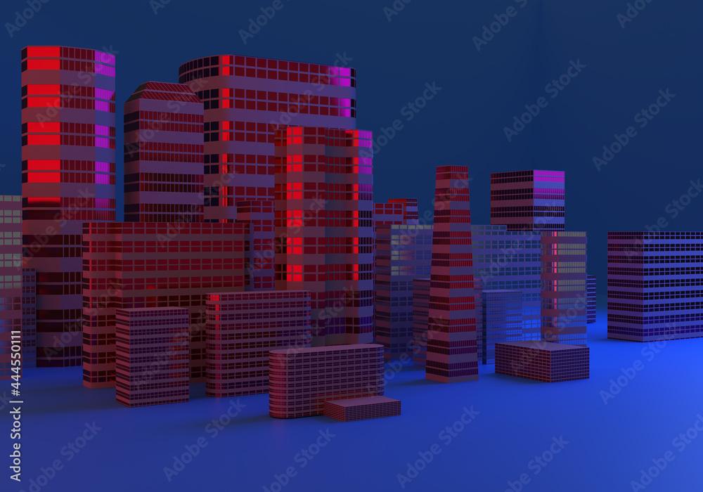 Abstract multi-storey buildings. Drawn layouts of buildings. Urban real estate. City blocks. Schematic images of houses on a blue background. Urban life. 3d rendering