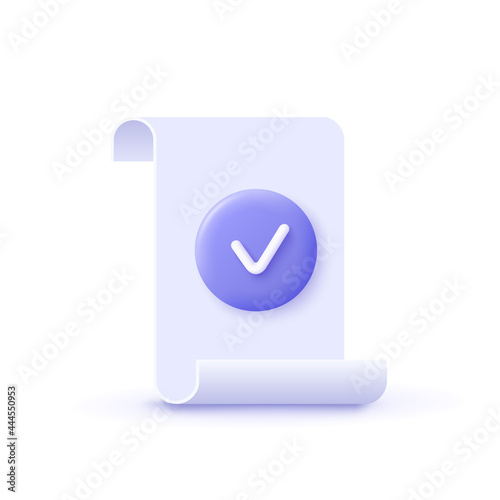 Approval icon, document accredited, authorized agreement, accreditation symbol with checkmark. 3d vector illustration.