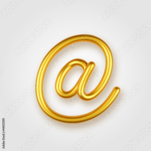 Gold 3d realistic email or at mail sign on a light background.