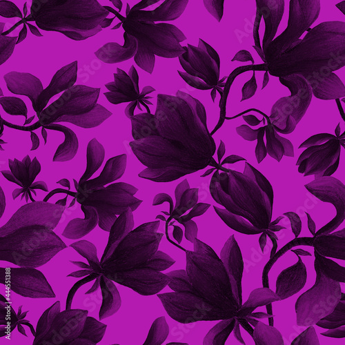 Watercolor seamless pattern with magnolia flowers. Beautiful floral print for any purposes. Spring or summer romantic background. 