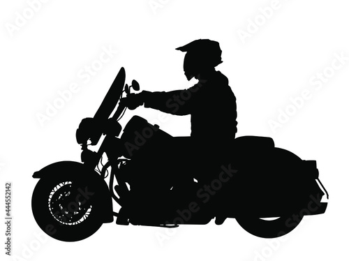 Biker driving a motorcycle rides on asphalt road vector silhouette illustration. Freedom activity. Road travel by bike. Man on motorcycle with helmet silhouette. Boy motorbike rider. Freedom concept.