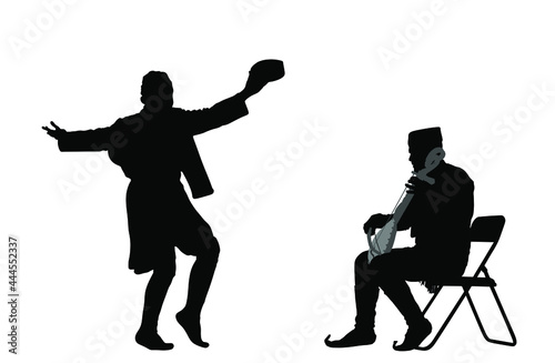 Montenegro traditional wedding dance Oro and Balkan music player and singer guslar play gusle vector silhouette. Folklore event. Groom man dancer. Dancing with fiddle string instrument. Happy enjoying