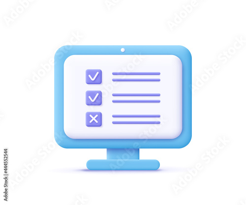 Assignment icon. Computer screen, checklist, document symbol. 3d vector illustration.