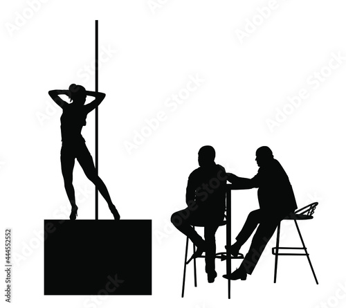 Business man relaxing watching striptease event in night club sensual erotic lady. Pole dancer girl sexy women vector silhouette illustration. Dancing girl striptease isolated on white background.