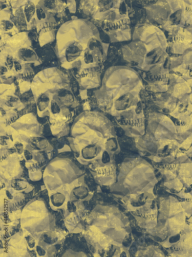 Wall of cartoon skulls on old crumpled paper in protest art poster style. 3d rendering digital illustration