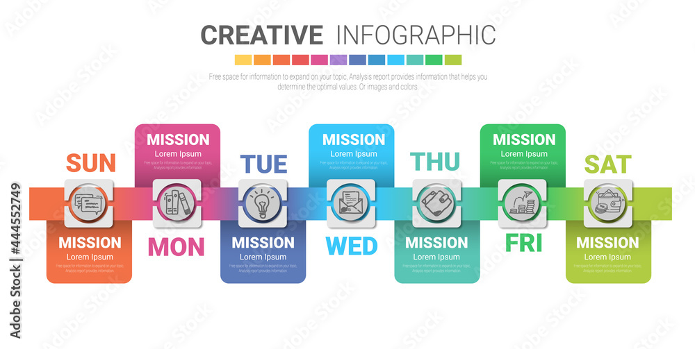 Time line, Timeline business for 7 day, week, Timeline infographics design vector and Presentation business can be used for Business concept with 7 options, steps or processes. 