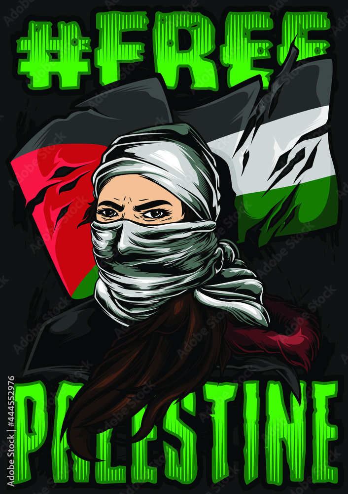 Woman in hijab on torn Palestine’s flag background illustration. Free