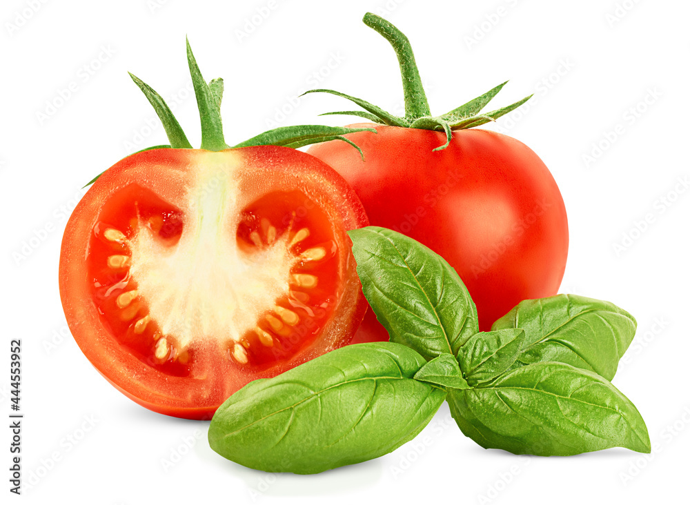 one whole and one half tomato with basil leaves on white isolated background one whole and one half tomato with basil leaves on white isolated background