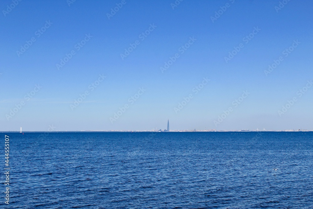 Fototapeta premium St. Petersburg skyline view from the Gulf of Finland from Petrodvorets (Peterhof) Russia