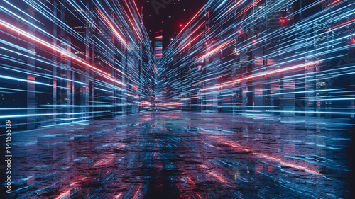 Fototapeta Naklejka Na Ścianę i Meble -  3D Rendering of warp speed in hyper loop with blur light from buildings' lights in mega city at night. Concept of next generation technology, fin tech, big data, 5g fast network, machine learning