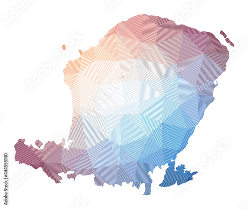 Map of Lombok. Low poly illustration of the island. Geometric design with stripes. Technology, internet, network concept. Vector illustration.