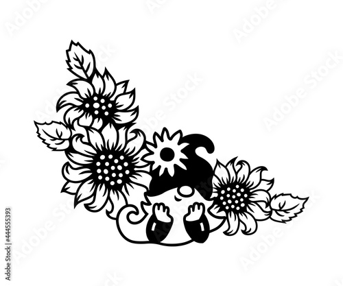 Gnome wuth sunflowers or daisy flowers on white background. Vector illustration.