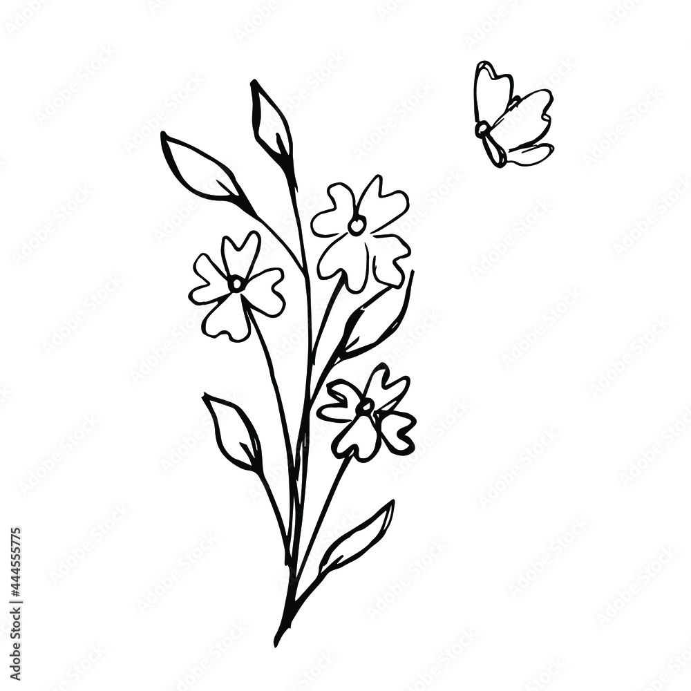 Hand drawn decorative bouquet of flowers over which a butterfly flies. Hand drawn decorative bouquet of flowers over which a butterfly flies.