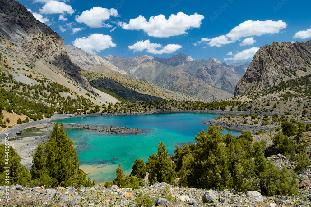 Beautiful mountains summer landscape. Alaudin lake in Fann mountains, Tajikistan. Scenic mountain valley on sunny day