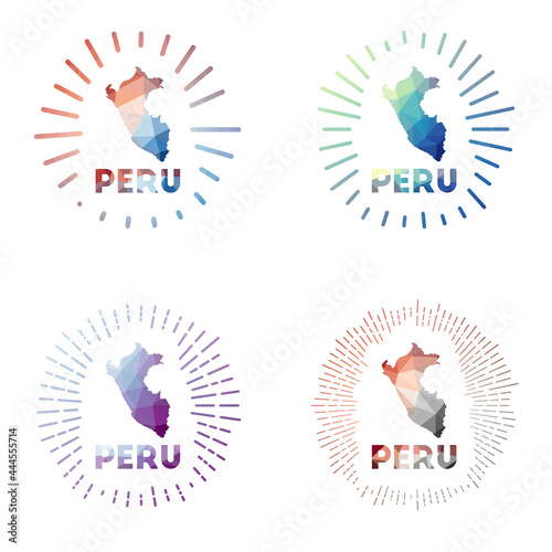 Peru low poly sunburst set. Logo of country in geometric polygonal style. Vector illustration.