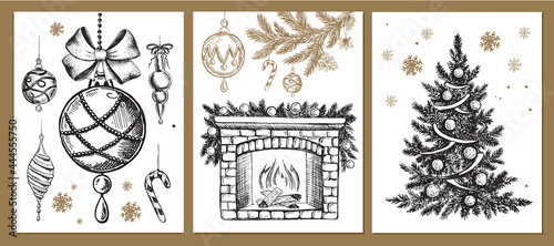 Christmas tree, fireplace, toys. Hand drawn illustration.	
